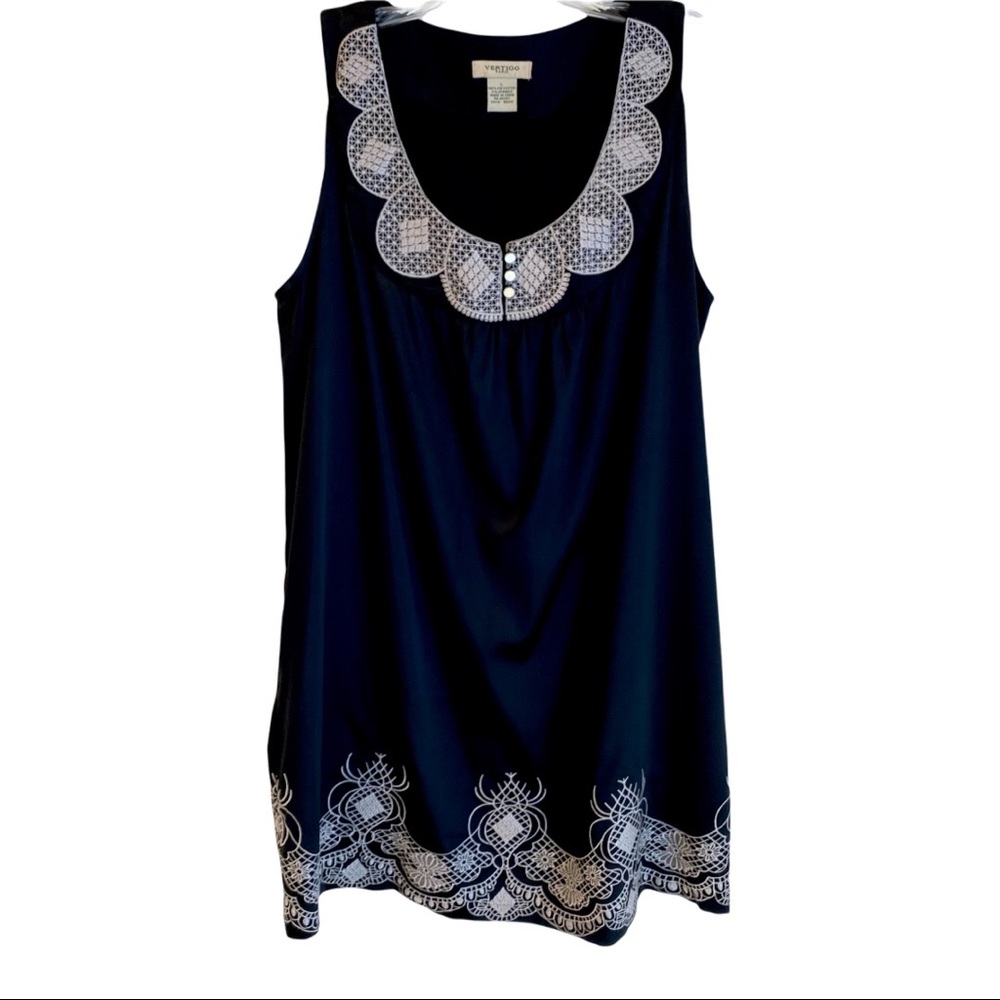 Vertigo Paris Black Sleeveless Dress with White Embroidwred Lace Collar and Hem